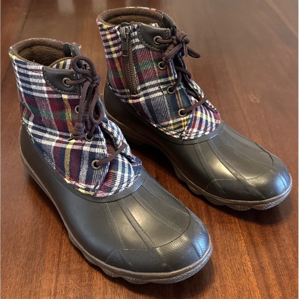 Sperry Duck Boots Womens‎ 6.5 Plaid Rubber Rain Boots Lace Up Waterproof Ankle